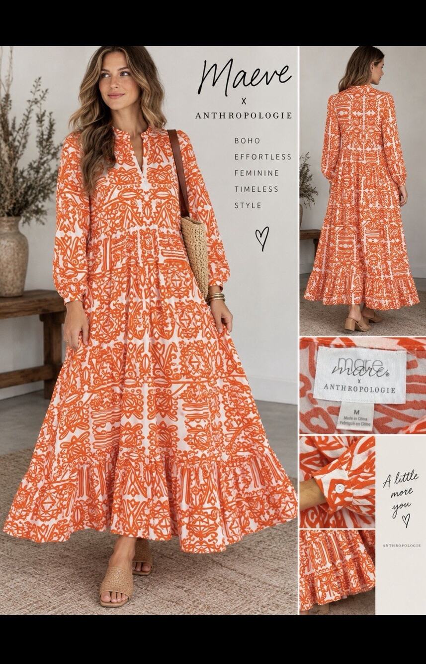 Maeve Anthropologie Dress Women’s M Orange White Printed Tiered Maxi Boho